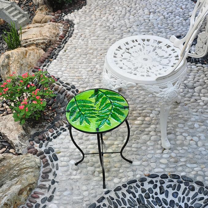 Patio Side Table Outdoor Coffee Table Round Glass Feature Table Metal End Table Suitable for Indoor and Outdoor Accent Table Backyard Garden Lawn