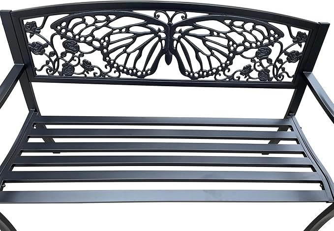 Hi-Line Gift Ltd 50" Outdoor Metal Garden Bench with Butterfly Backrest Design - Black