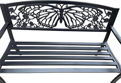 Hi-Line Gift Ltd 50" Outdoor Metal Garden Bench with Butterfly Backrest Design - Black