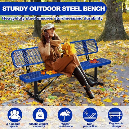 6Ft Outdoor Bench with Blue Portable Frame, Outdoor Steel Park Bench with Backrest, Expanded Metal Mesh Bench for Outside, Lawn, Backyard, Park, Deck, Garden, Patio, Porch, Blue