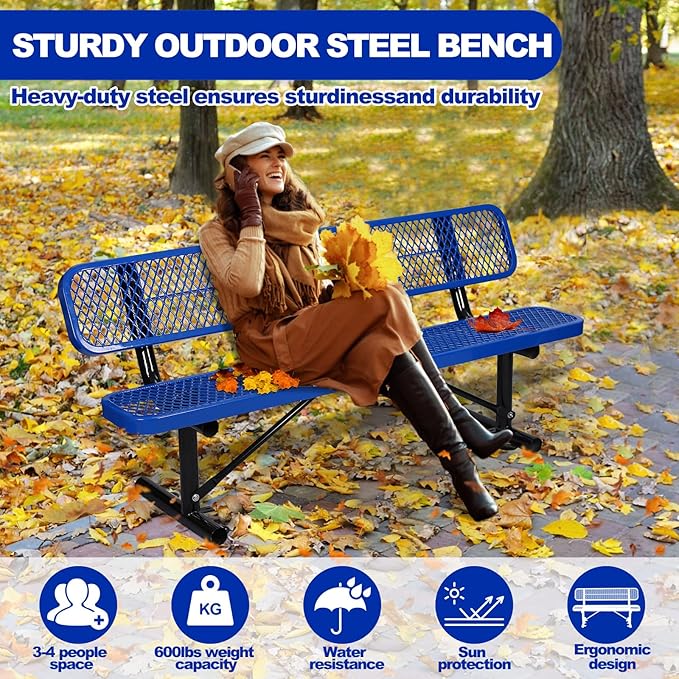 Ceridwen Outdoor Benches Heavy Duty Steel Frame Park Bench with Backrest Bench,Park Bench Steel Mesh Outdoor Bench for Garden,Weatherproof Outdoor Bench for Garden (Blue, 6FT)