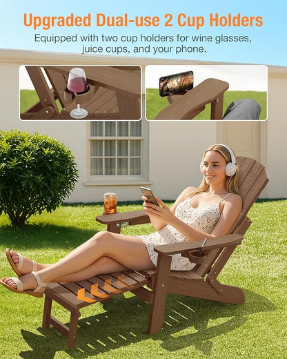 YEFU Folding Adirondack Chair with Footrest,Adjustable Adirondack Chair with Retractable Ottoman & 2 Cup Holder, 5-Level Adjustable Adirondacks Chairs, for Outdoor, Pool, Patio, Fire Pit (Teak)