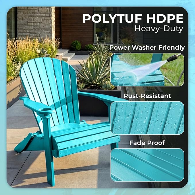 Ecommersify Folding Adirondack Chair with Cup Holder - (Aruba Blue) - Heavy Duty Recycled Poly Lumber Folding Chair - Amish Crafted Outdoor Furniture - Made in USA