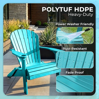 Ecommersify Folding Adirondack Chair with Cup Holder - (Aruba Blue) - Heavy Duty Recycled Poly Lumber Folding Chair - Amish Crafted Outdoor Furniture - Made in USA