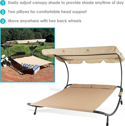 Sunnydaze Outdoor Double Chaise Lounge Bed with Canopy and Headrest Pillow - Beige Fabric with Black Powder-Coated Steel Frame