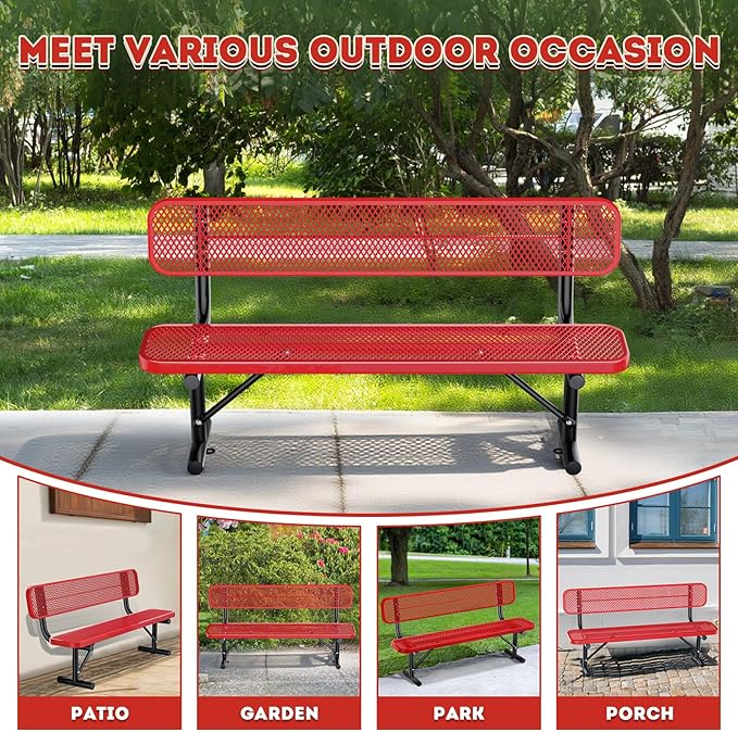 Ceridwen Outdoor Benches Heavy Duty Steel Frame Park Bench with Backrest Bench,Park Bench Steel Mesh Outdoor Bench for Garden,Weatherproof Outdoor Bench for Garden (Red, 6FT)