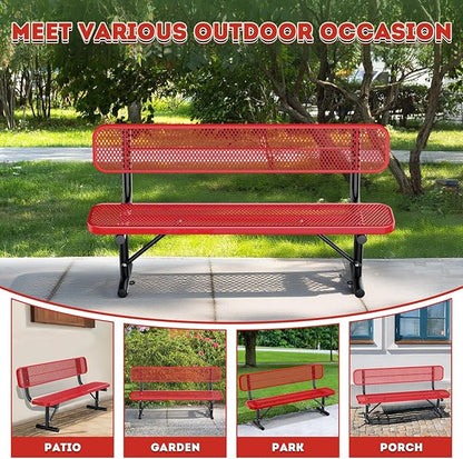 6Ft Heavy Duty Park Bench with Back Portable Frame, Outdoor Steel Bench with Backrest, Expanded Metal Mesh Bench for Lawn, Park, Deck, Garden, Patio, Porch, Red