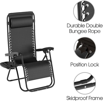 Lavish Home Set of 2 Zero-Gravity Chairs - Folding Patio Furniture - Outdoor Recliners with Side Table, Cup/Phone Holder, and Chair Pillow (Black)