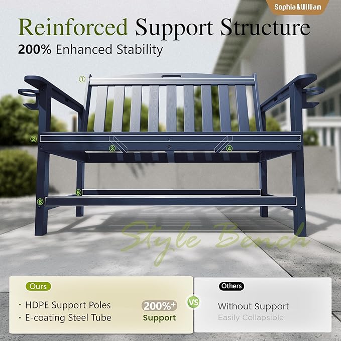 Sophia & William HDPE Outdoor Bench Weatherproof, 2-Person Garden Bench with Cup Holders, 700 lbs Capacity, Patio Benches for Porch, Garden, Backyard and Park, Navy