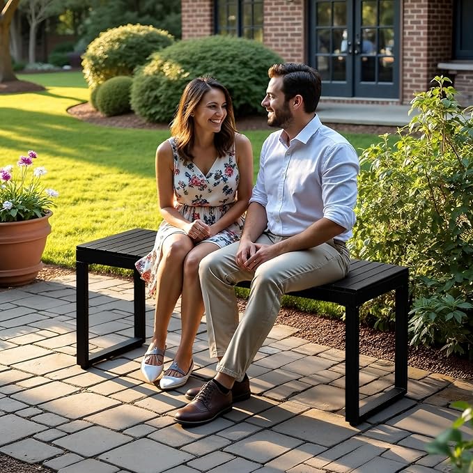 ONBRILL Outdoor Benches Weatherproof, 2-Person Poly Lumber Garden Bench with Metal Legs, All-Weather Patio Bench Will not Rot and Fade for Garden, Porch, Backyard and Park, Easy Installation, Black