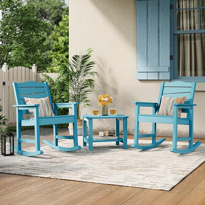 Patio Rocking Chair, Weatherproof HIPS Outdoor Rocking Chair for Adults, 400LBS Support Heavy Duty Porch Rocking Chairs for Garden, Lawn, Backyard, Outdoor and Indoor (Lake Blue)