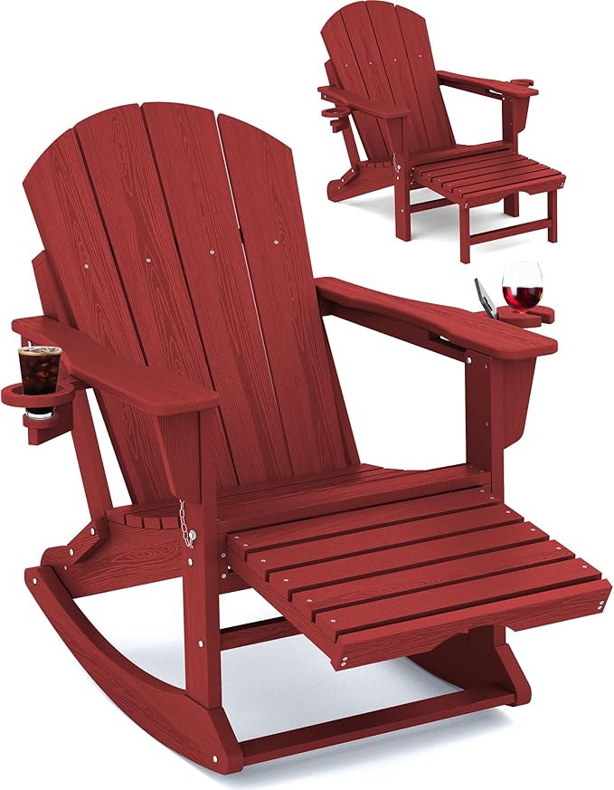 KINGYES Adirondack Rocking Chair Set of 2 with Retractable Ottoman and Cup Holders, HDPE Adirondack Rocker Patio Rocking Chair for Porch, Patio, Balcony, Burgundy Red
