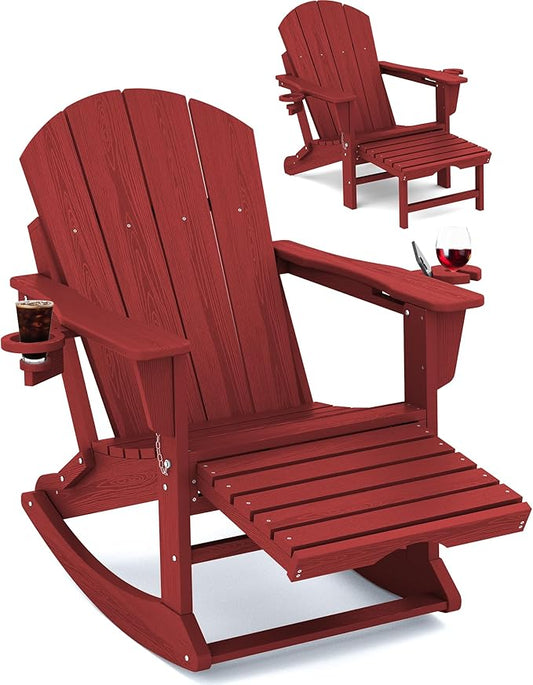 KINGYES Adirondack Rocking Chair with Retractable Ottoman and Cup Holders, HDPE Adirondack Rocker Patio Rocking Chair for Porch, Patio, Balcony, Burgundy Red