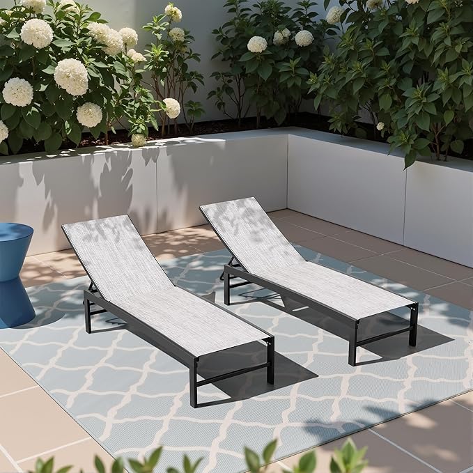 Crestlive Products Pool Lounge Chair Outdoor Set of 2, Chaise Lounge Chairs, Adjustable Five-Position Tanning Recliner, All Weather for Patio, Beach, Yard, Pool (Grey Black)
