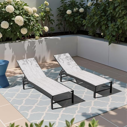 Crestlive Products Pool Lounge Chair Outdoor Set of 2, Chaise Lounge Chairs, Adjustable Five-Position Tanning Recliner, All Weather for Patio, Beach, Yard, Pool (Grey Black)