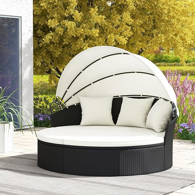 HAPPYGRILL Patio Round Daybed, Wicker Daybed with Retractable Canopy - Photo 2
