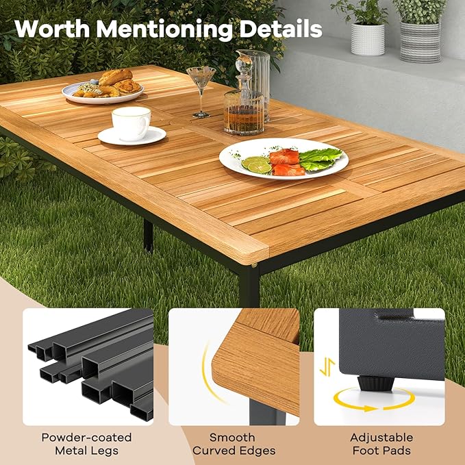 Tangkula 55 Inches Acacia Wood Patio Dining Table for 6, Rectangle Outdoor Table with Heavy Duty Metal Legs and Umbrella Hole, Outside Table for Backyard, Deck, Lawn, Poolside