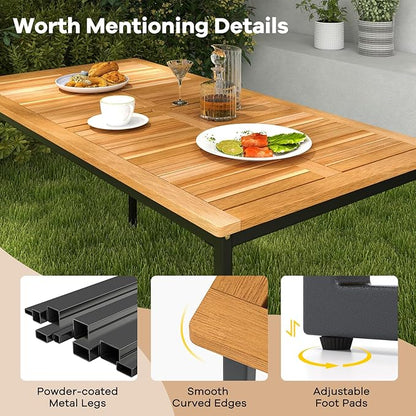 Tangkula 55 Inches Acacia Wood Patio Dining Table for 6, Rectangle Outdoor Table with Heavy Duty Metal Legs and Umbrella Hole, Outside Table for Backyard, Deck, Lawn, Poolside