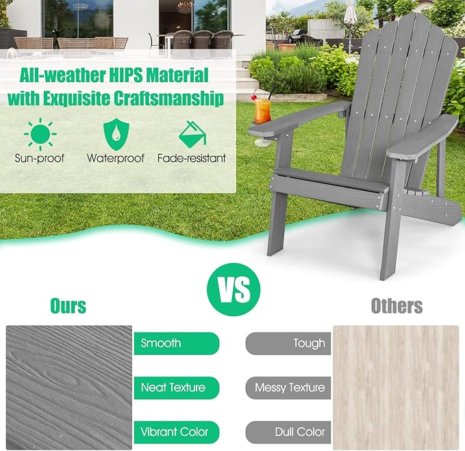 Giantex Outdoor Adirondack Chair - Oversized Patio Chairs w/Hidden Cup Holder, Realistic Wood Grain, 380 LBS Weight Capacity, Weather Resistant Firepit Chairs for Backyard, Garden (2, Light Grey)