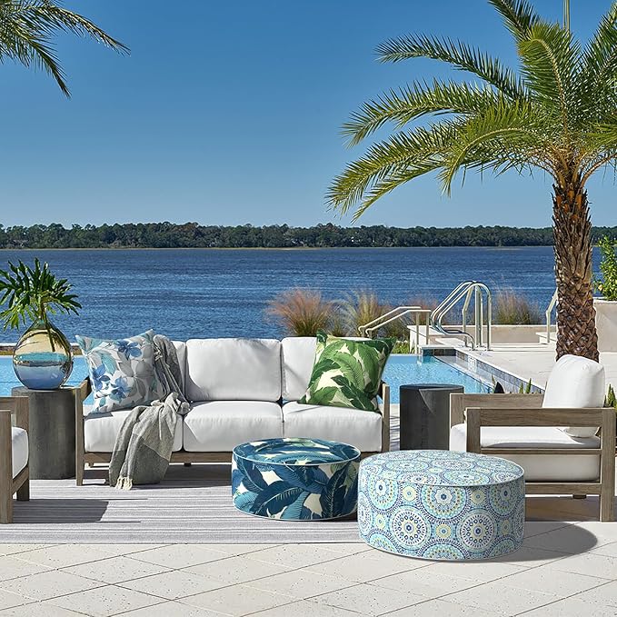 LVTXIII Indoor/Outdoor Inflatable Ottoman with Handle D21 x H9 Inch, Weather-Resistant Round Footstool Pouf for Patio Camping Living Room, Portable Footrest Extra Seating, Swaying Palms Blue