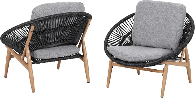 Merax Outdoor Wicker Papasan Chair Set of 2, Rattan Patio Papasan Egg Lounge Chair with Cozy Cushion, Low Seat Round Chair for Backyard Balcony Garden Poolside, All-Weather, Easy Assembly, Grey