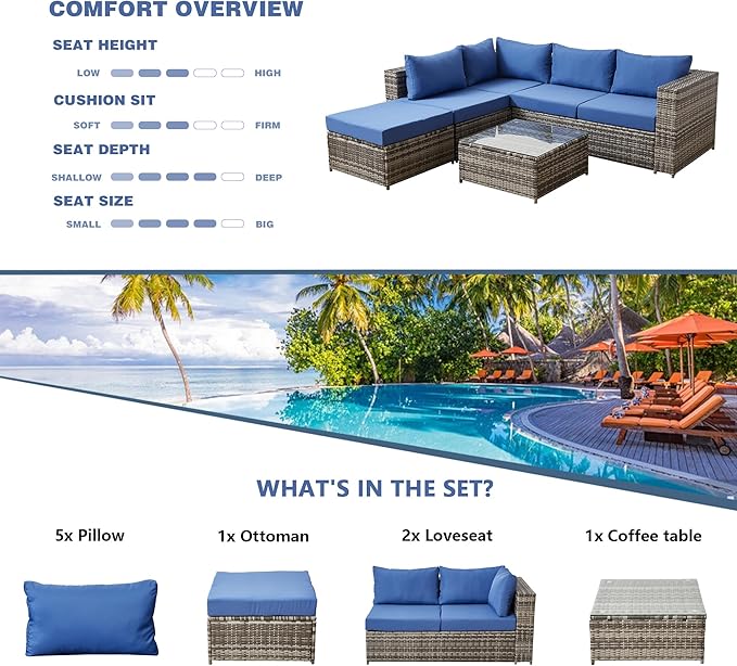 Outdoor Sectional Sofa Set Patio Furniture Sets All Weather PE Rattan Sectional Seating Group with Cushions and Table (Blue)