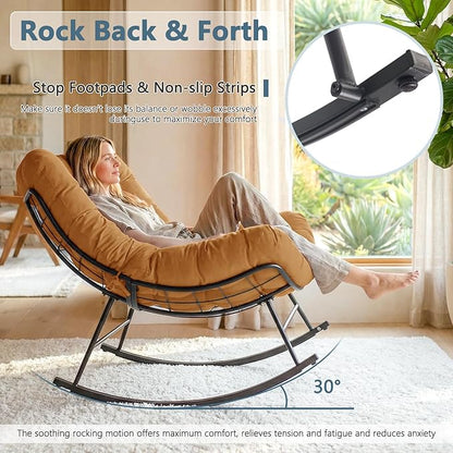 Outdoor Rocking Chairs Set of 2 with Wicker Side Table, Thick Cushioned Papasan Rocking Chairs with End Table, 3PCS Oversized Egg Chair Set for Patio, Porch, Balcony, Bedroom, Living Room, Brown