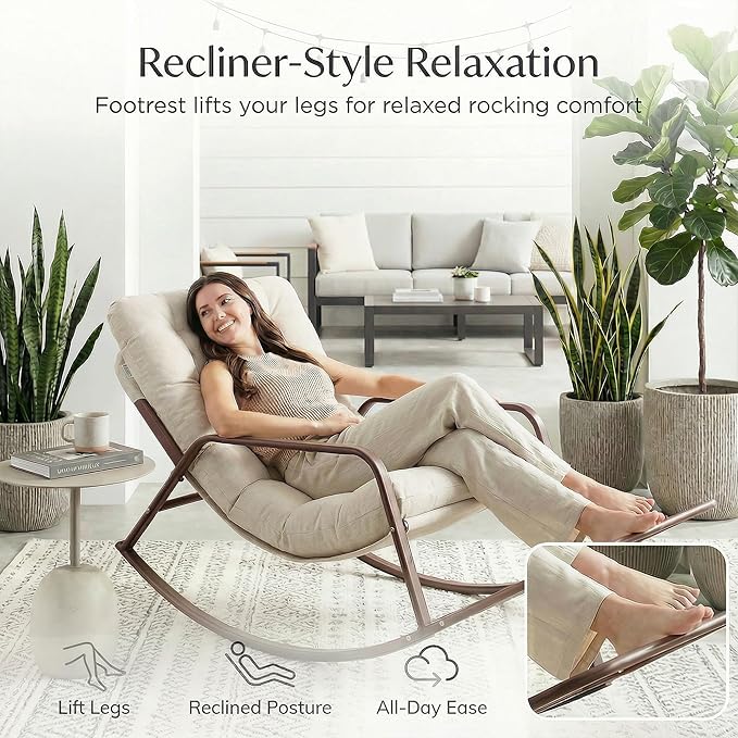NICESOUL Papasan Rocking Chair with Footrest, Outdoor Rocking Chair with Cushion, Oversized Patio Rocker, Recliner-Style Comfort, Heavy Duty Steel Frame, Indoor Balcony Backyard, Beige