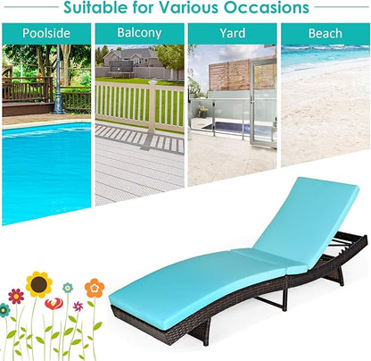 Tangkula Outdoor Folding Chaise Lounger, Rattan Patio Lounge Chair with Removable Thick Cushion, 5 Adjustable Levels, Leisure Reclining Wicker Chair for Garden, Pool Side, Balcony (2, Turquoise)