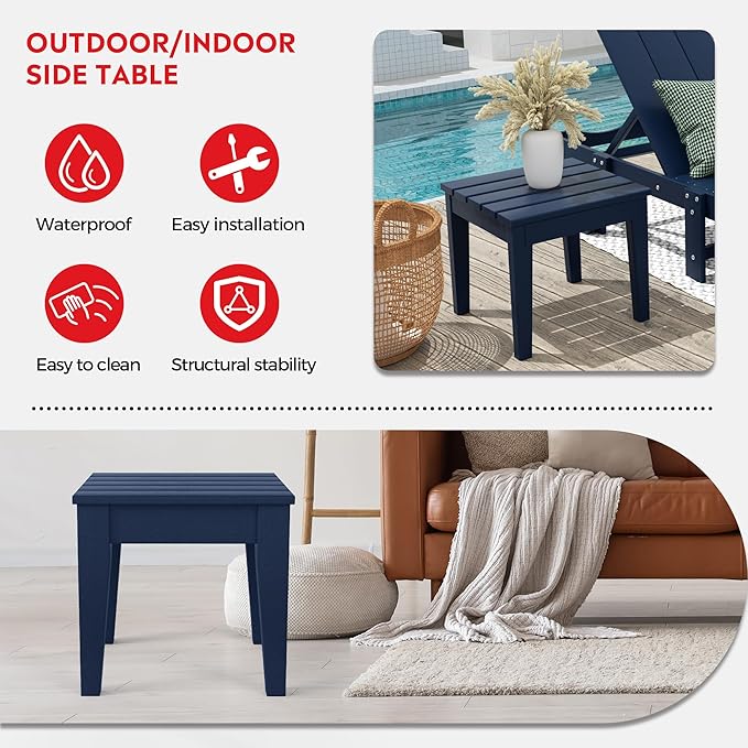 Costaelm 3 piece Patio Set, Outdoor Table and Chairs Set of 3, 3-Piece HDPE Garden Chair with Square Adirondack Side Table, Porch Chairs Coffee Table for Outside Porch Backyard, Navy Blue