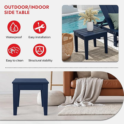 Costaelm Outdoor Patio Table and Chairs Set of 2, 2-Piece HDPE Garden Chair with Square Adirondack Side Table Set, Porch Chairs Coffee Table for Outside Porch Backyard, Navy Blue