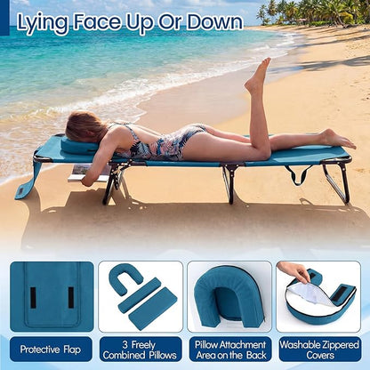Giantex 2-Pack Tanning Chair, 350lbs Adjustable Patio Lounge Chair w/Face Hole, Removable Pillows, Carry Strap, Folding, Outdoor Chaise Lounge for Layout Beach Poolside Lawn