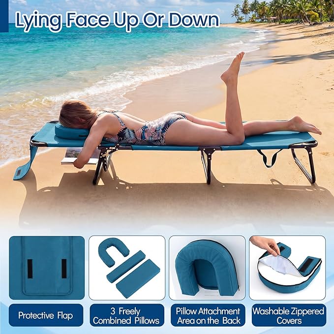 Giantex 350lbs Adjustable Patio Lounge Chair w/Face Hole, Removable Pillows, Carry Strap, Layout Chair, Folding Beach Chair, Outdoor Chaise Lounge for Poolside Lawn Tanning (1, Blue)