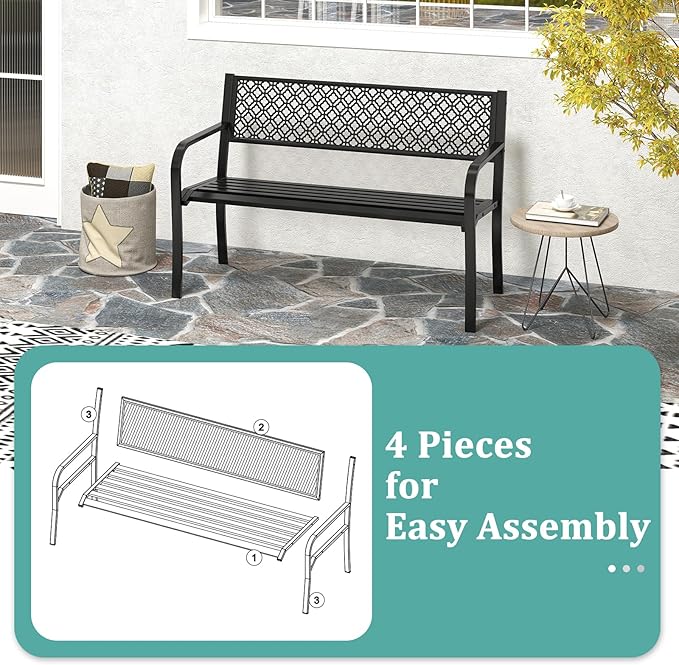 Tangkula 50 Inches Outdoor Garden Bench, Metal Patio Park Bench with Geometric Lattice Backrest, Armrests and Slatted Seat, Outdoor Loveseat Chair for Porch, Lawn and Yard (Black)