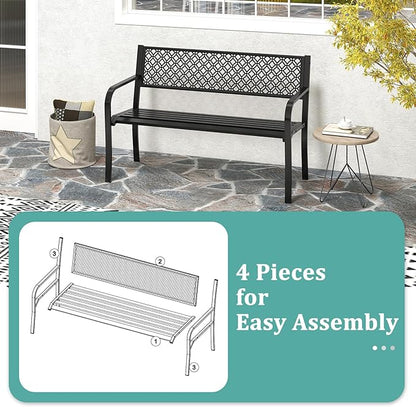 Tangkula 50 Inches Outdoor Garden Bench, Metal Patio Park Bench with Geometric Lattice Backrest, Armrests and Slatted Seat, Outdoor Loveseat Chair for Porch, Lawn and Yard (Black)