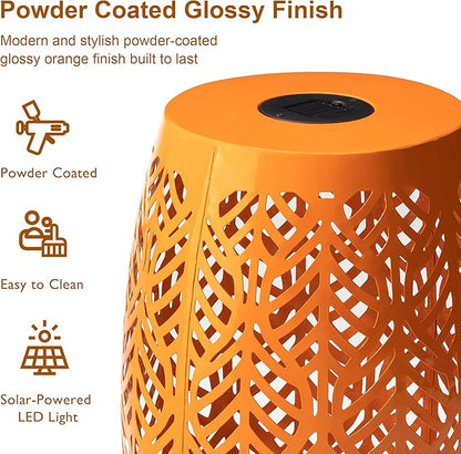 Glitzhome 18.25" H Outdoor Side Table with Leaf Pattern Solar Powered Light, Iron Cutout Drum Garden Stool Solar Decorative Lanterns, Metal End Table Plant Stand for Indoor Outdoor, Orange