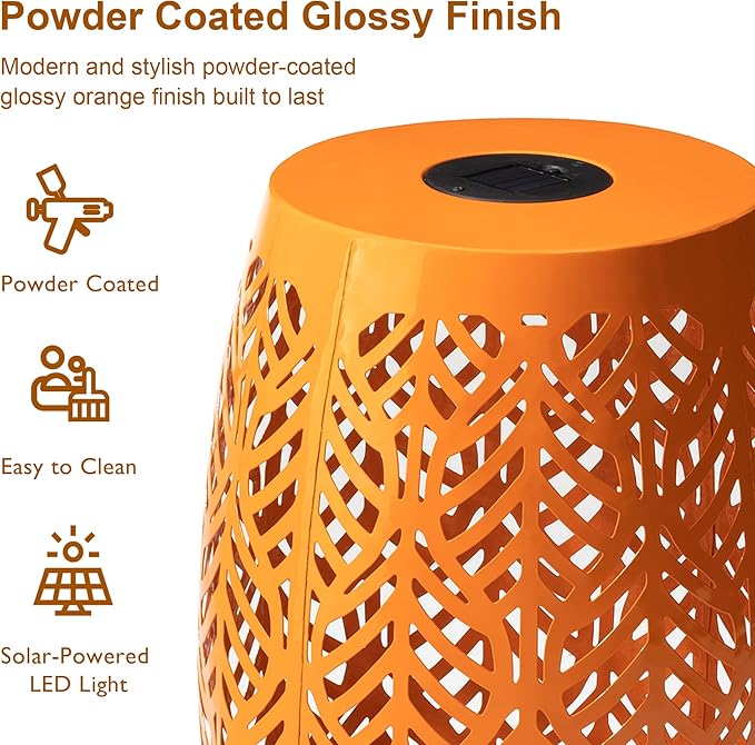 Glitzhome Set of 2 Outdoor Side Table with Leaf Pattern Solar Powered Light, 18.25" H Iron Cutout Drum Garden Stool Solar Decorative Lanterns, Metal End Table Plant Stand for Indoor Outdoor, Orange