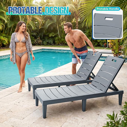 Greesum Outdoor Chaise Lounge Chair Set of 2, Waterproof 5-Position Adjustable PP Sun Loungers for Patio, Poolside, and Beach Sunbathing, Gray