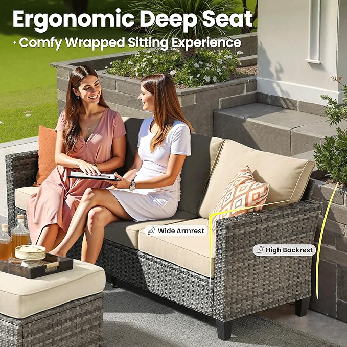 ovios Patio Furniture Set, 7 Pieces Outdoor Wicker Sofa Couch with Swivel Rocking Chairs Glass Table Comfy Cushions - Photo 5