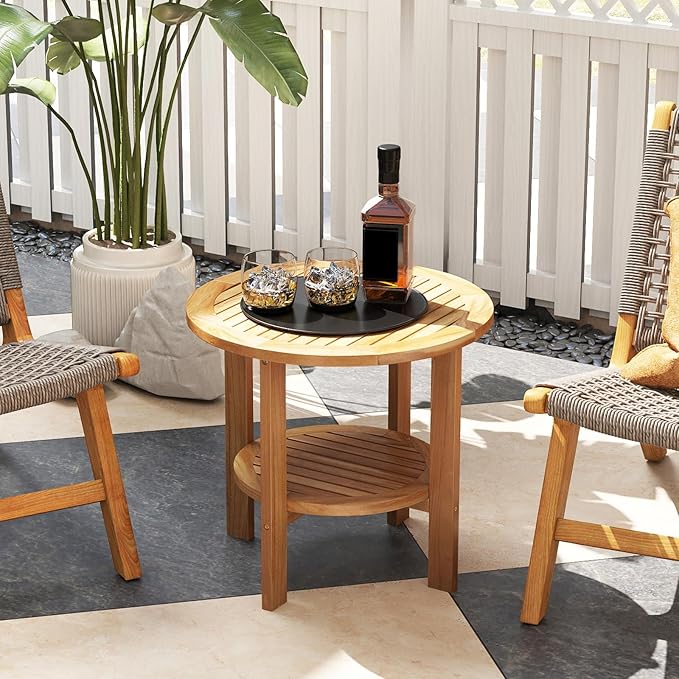 Giantex 19.5" Outdoor Round Side Table, 2-Tier Patio Table with Slatted Tabletop & Open Storage Shelf, Easy Assembly, Teak Wood Small End Table for Porch, Backyard, Garden, Deck, Pool, Natural