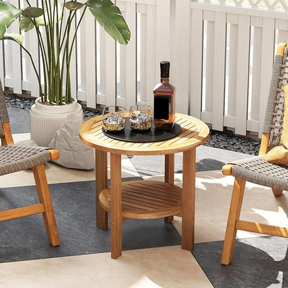 Giantex 19.5" Outdoor Round Side Table, 2-Tier Patio Table with Slatted Tabletop & Open Storage Shelf, Easy Assembly, Teak Wood Small End Table for Porch, Backyard, Garden, Deck, Pool, Natural