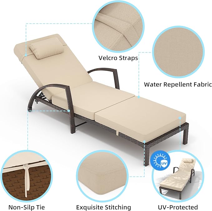 Garvee Chaise Lounge Outdoor Set of 2, PE Rattan Wicker Pool Lounge Chairs with 5-Level Adjustable Backrest - Photo 5