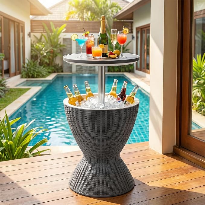 Giantex Outdoor Ice Cooler Side Table with Adjustable Height, 8 Gal Beverage Bucket with Drain Plug, Rattan Patio Bar Table for Poolside, Deck, BBQ & Backyard Parties
