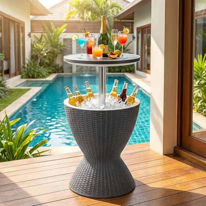 Giantex Outdoor Ice Cooler Side Table with Adjustable Height, 8 Gal Beverage Bucket with Drain Plug, Rattan Patio Bar Table for Poolside, Deck, BBQ & Backyard Parties