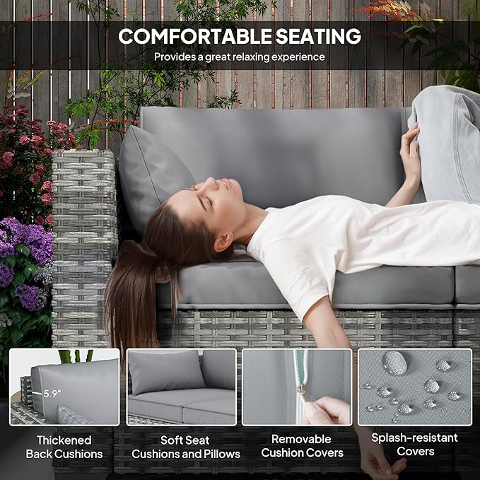 Outsunny 3 Seater Wicker Sofa with Side Tray Tables, Rattan Outdoor Patio Sofa with 6" Thick Back Cushions - Photo 6
