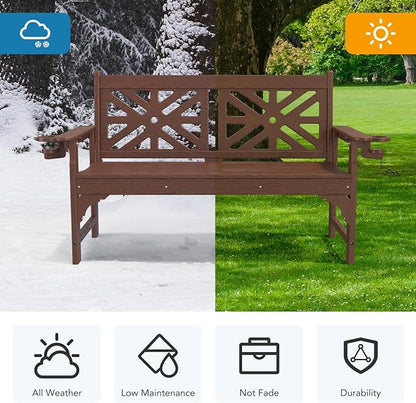 Oversized Outdoor Bench Set of 2, 51.5” HDPE Aesthetic Garden Bench with Cup Holders, Memorial Benches - Easy Assembly & All Weather, for Porch & Patio, 800lbs Load Capacity (Brown)