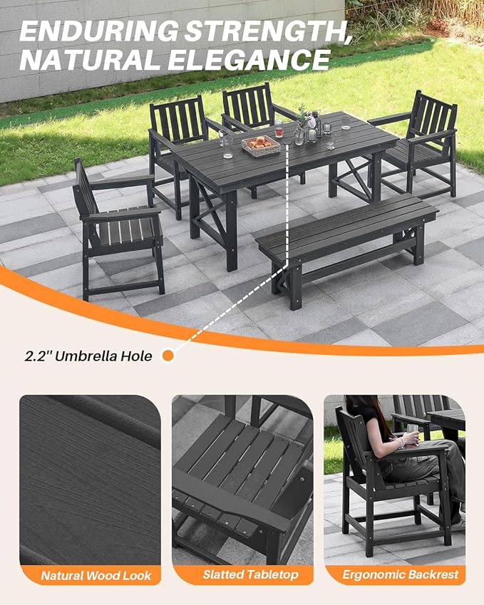 HDPE Outdoor Dining Set of 6, Patio Dining Table Set with 4 Chairs and 1 Bench - Photo 8