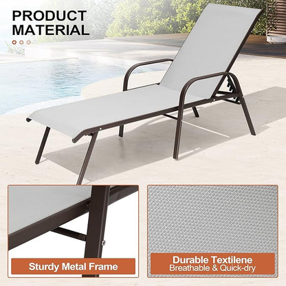 Crestlive Outdoor Chaise Lounge Chair,5-Position Pool Lounge Chairs with Armrests Sunbathing Recliner for Patio,Beach,Deck,Yard (2PC Gray)