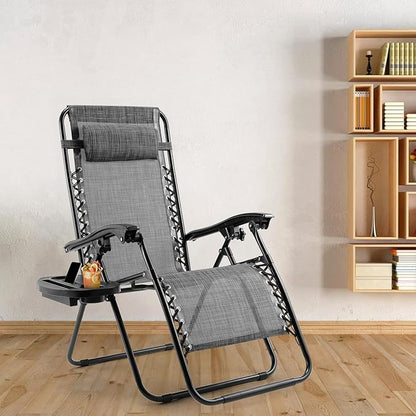 TLSUNNY Zero Gravity Chair Set of 2, Outdoor Folding Lounge W/Detachable Headrest & Holder Tray, Adjustable Textilene Lawn Reclining, No Assembly Required, for Patio, Garden, 330LBS (1, Grey)