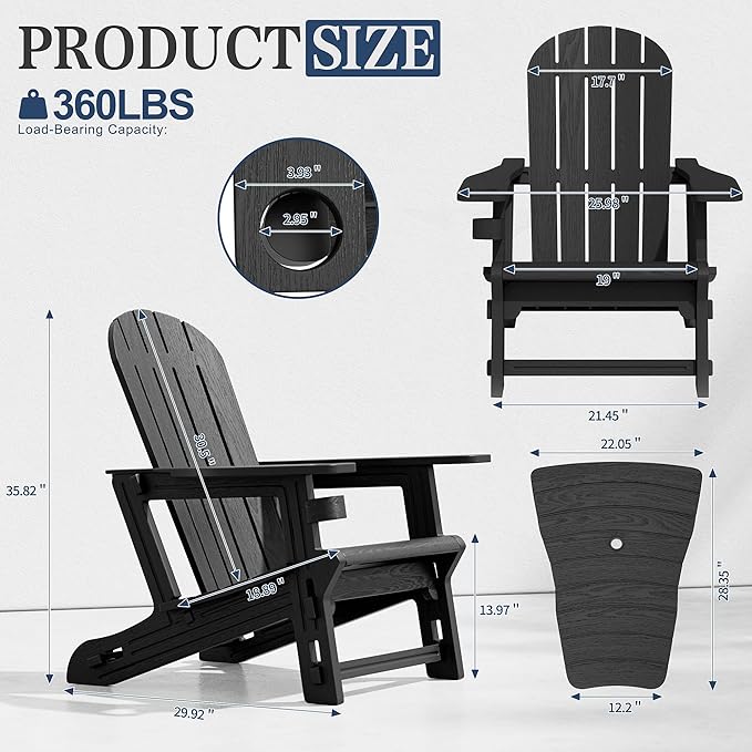 Vongrasig Adirondack Chairs Set of 2 with Removable Tabletop, All-Weather HDPE Outdoor Chair Set with Wooden Textured, Cup Holder for Patio, Poolside, Deck, Garden, Black
